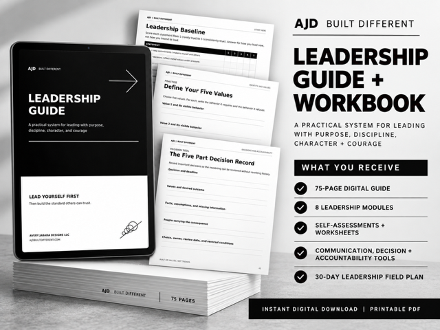 Digital product mockup for a 'Leadership Guide + Workbook' bundle by AJD, showing a tablet with the guide cover and several workbook pages fanned out, alongside text describing included digital content and worksheets on a light gray background.